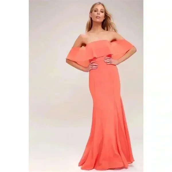 NWT Lulus All My Heart Coral Pink Off-the-Shoulder Maxi Dress Chiffon Sz L - Image 3