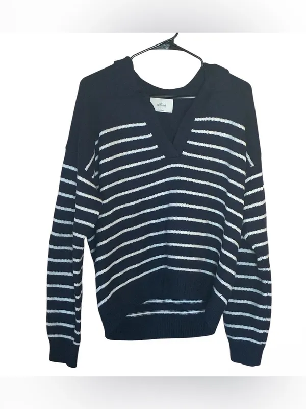 Wilfred Navy and White Striped V-Neck Polo Sweater large - Image 2