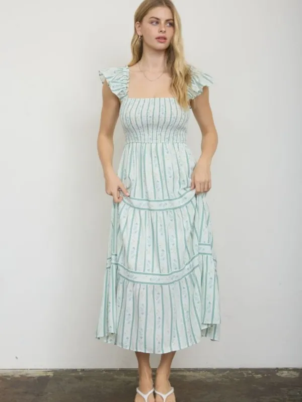 Blu Pepper Stripe Floral Pattern Smocked Tiered Midi Dress Last One Size Large - Image 3