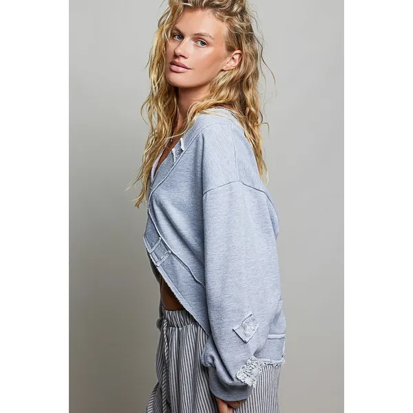 POL Exposed Outseam Crochet Patch V-Neck Sweatshirt with Open Wrap - Large - Image 3