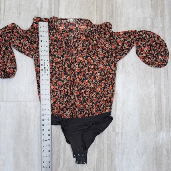 Free People Intimates Floral Chiffon Long Sleeve Bodice Bodysuit Small Black Red - Image 5
