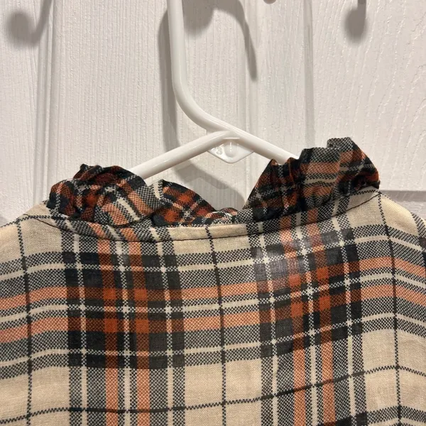 Mango MNG Womens Plaid Ruffle V-Neck Blouse Orange Black‎ Wool Blend 8 Academia - Image 8