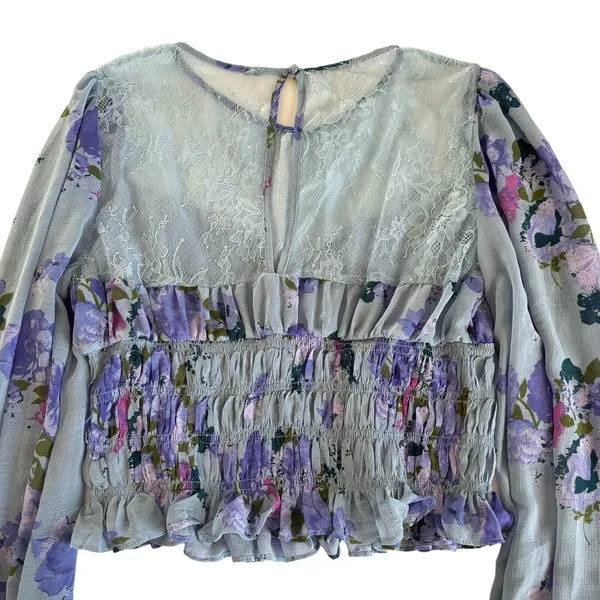 Free People Daphne Silver Blue Combo Lace Floral Print Blouse Size Medium - Image 12