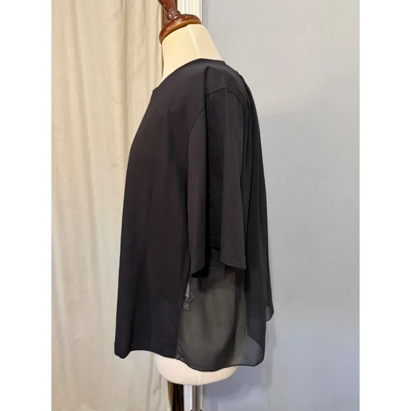 Zara Women Top Large Black Mixed Media Chiffon Sheer Back Short Sleeve Oversized - Image 2