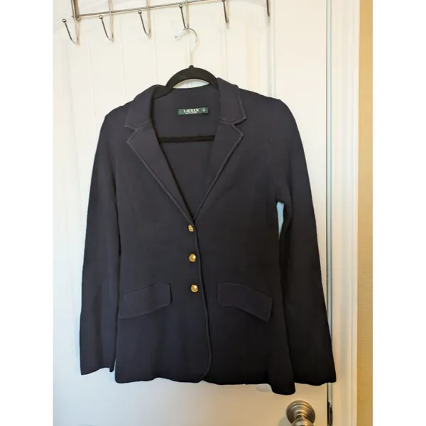 Lauren Ralph Lauren Womens Blue Button-Up Knit Sweater Blazer Gold Buttons S - Image 7