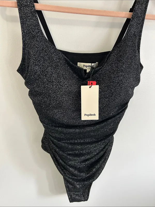 Popilush Ruched Metallic Knit Square Neck Slimming Bodysuit - Image 6