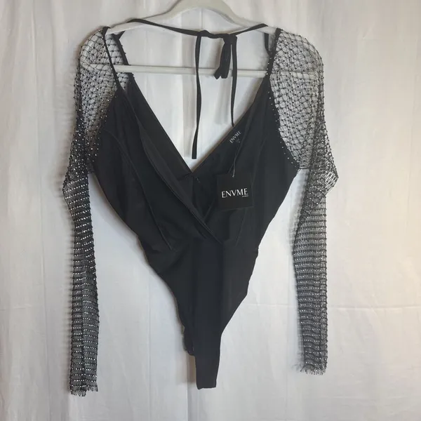 ENVME BLACK STRETCH RHINESTONE MESH BODYSUIT SNAP CROTCH Size Small NWT - Image 13