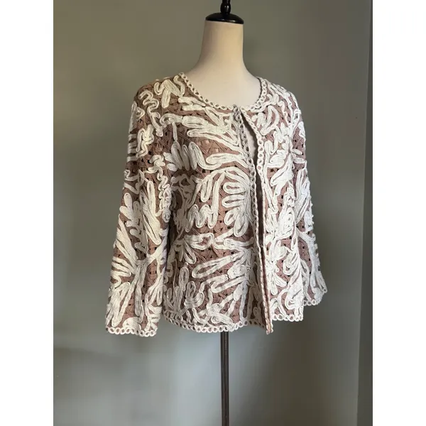 Nic zoe brown cream knit jacket cardigan nwt boho cottage dainty y2k bohemian xl - Image 2