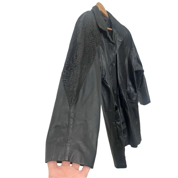 Pelle Vintage Black Leather Coat Snakeskin Detailing‎ Lined Shoulder Pads Small - Image 3