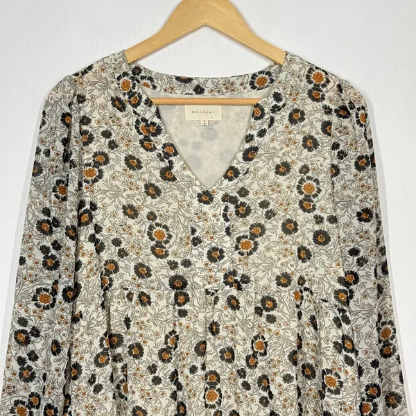 Melloday Babydoll Tunic Top Womens Size Small Tan Floral V-Neck Long Sleeve Boho - Image 3