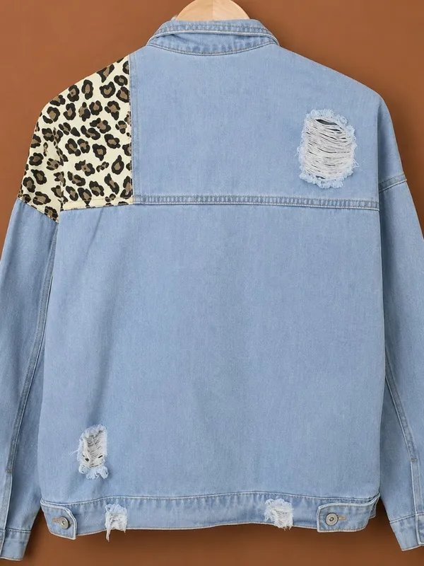 Leopard Patchwork Distressed Denim Jacket Relaxed Fit NWT Blue - Image 6