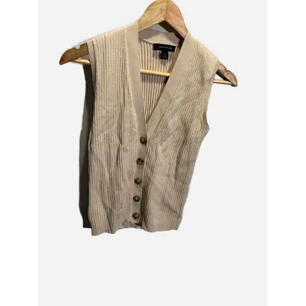 Ann‎ Taylor Sweater Vest Womens XS Beige Ribbed Knit Button Front Preppy Career - Image 3