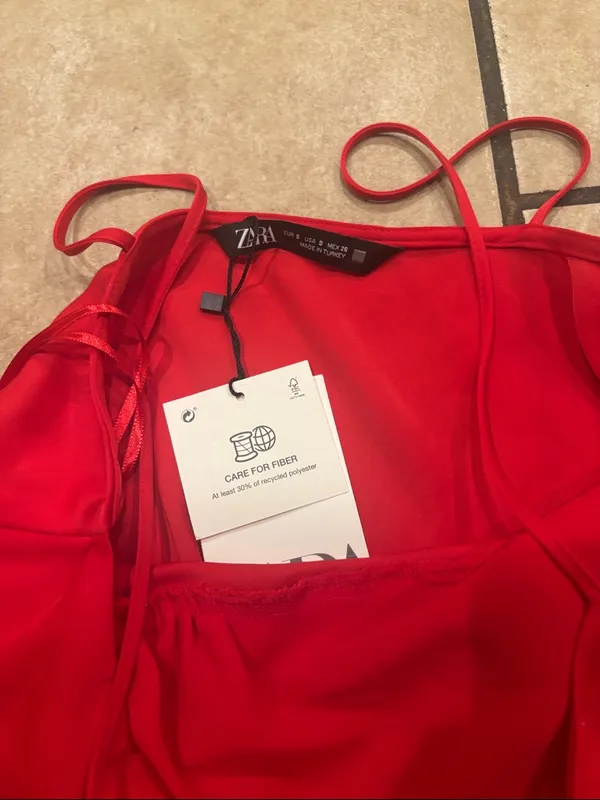 Zara Red Satin Side Slit Button Front Cocktail Dress - Image 3