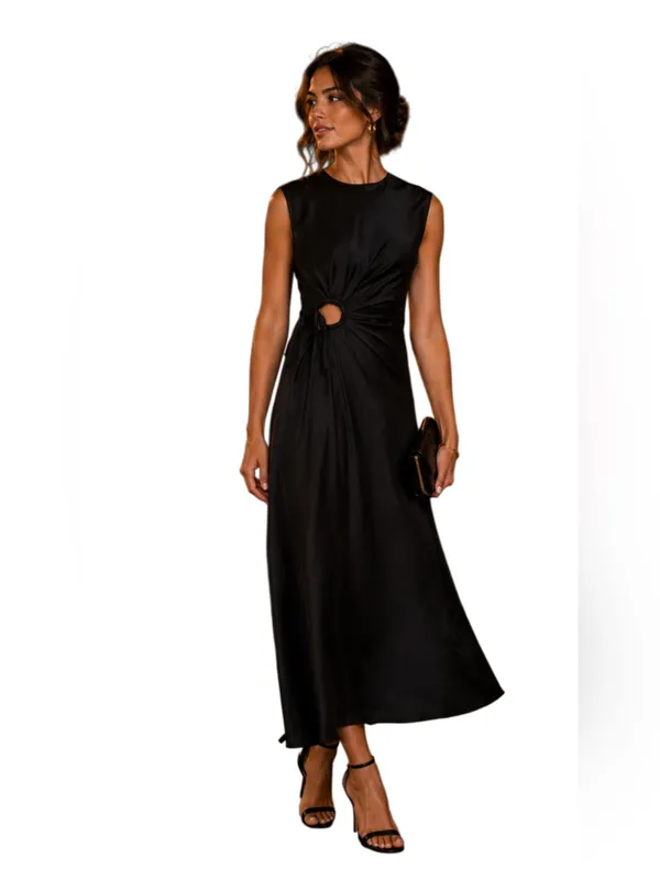 House of Harlow Elegant Black Sleeveless Maxi Satin Slip Dress with Front Twist - Image 2