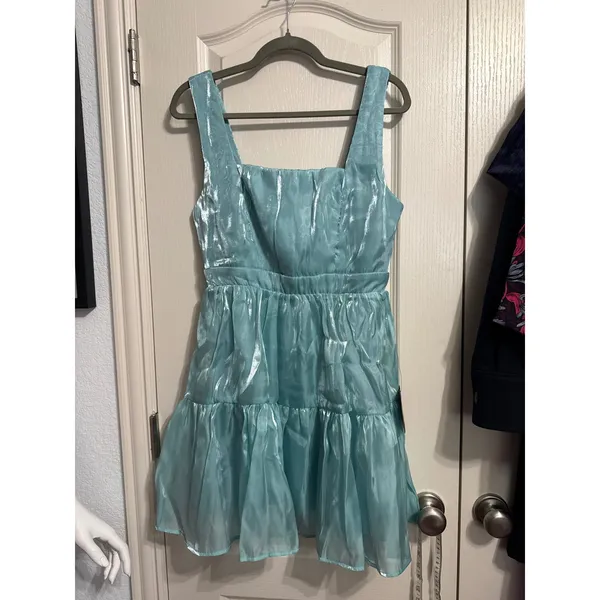 Lulus Blue Iridescent Shimmer Tiered Mini Dress Mermaidcore Coquette Glam Party - Image 2