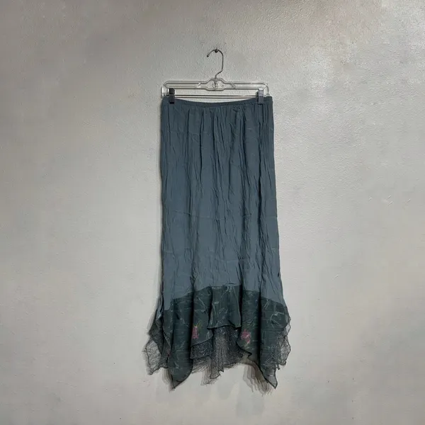 Vintage 90s Blue Sheer Lace Handkerchief Hem Midi Skirt Sz M - Image 2