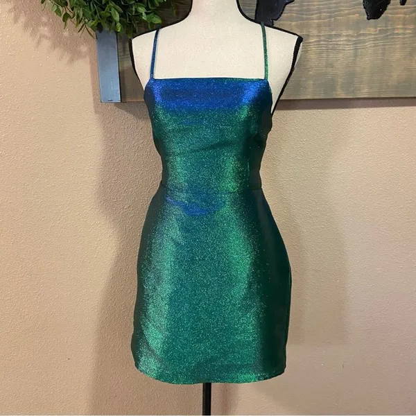 NWOT Lulus Impressive Confidence Shiny Green and Blue Lace-Up Mini Dress - Image 10