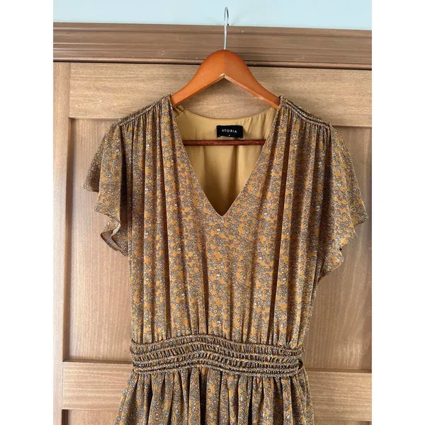 Storia Brown Floral Ruffle Mini Dress Butterfly Sleeves Women’s size Medium - Image 4