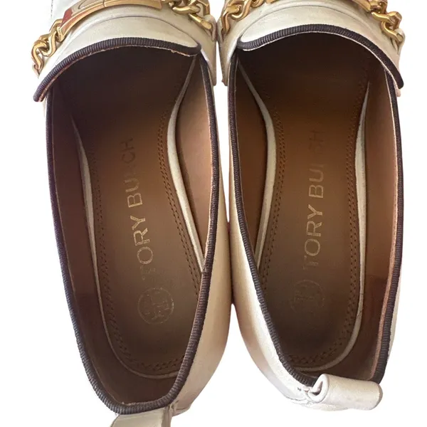 Tory Burch Perrine Heeled Loafers Cream Chain‎ Block Heel 7.5 - Image 5