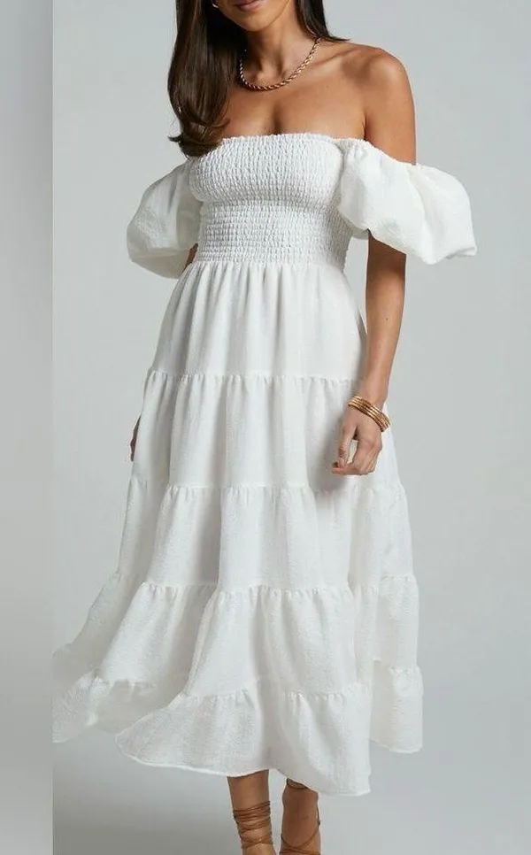Showpo Maxima Midi Dress - Puff Sleeve Shirred Bodice Tiered Dress In White, 4 - Image 2