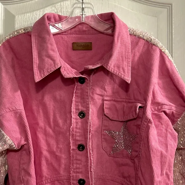 UMGEE Pink Corduroy Sequin Star Denim Jacket Women's Size L‎ - Image 7
