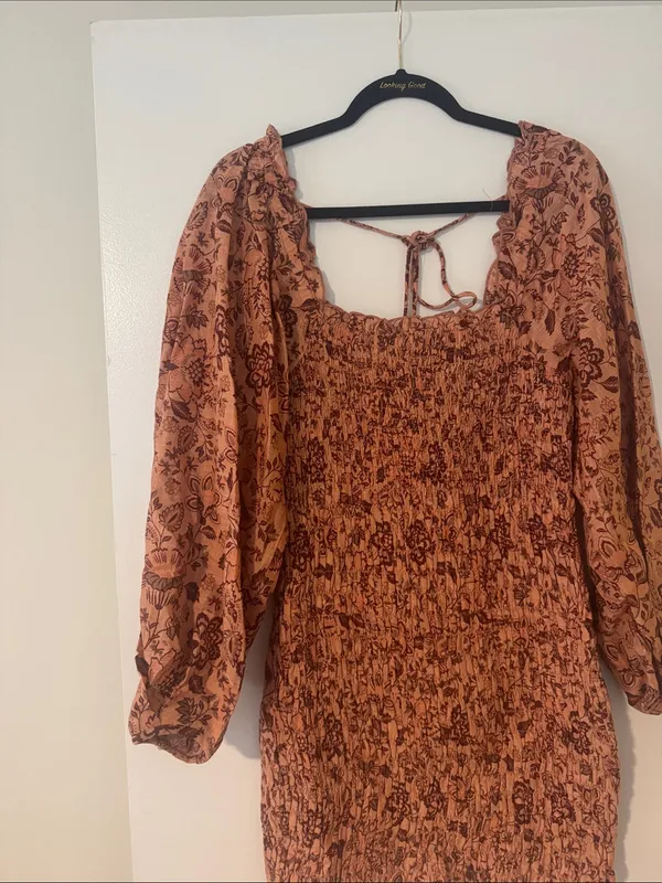 Free People Rust Floral Smocked Mini Dress - Image 3