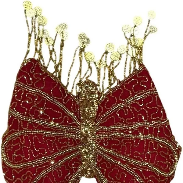 Y2K Beaded Butterfly Halter Top Red Gold Coin Fringe Festival Rave Fairycore S/M - Image 6