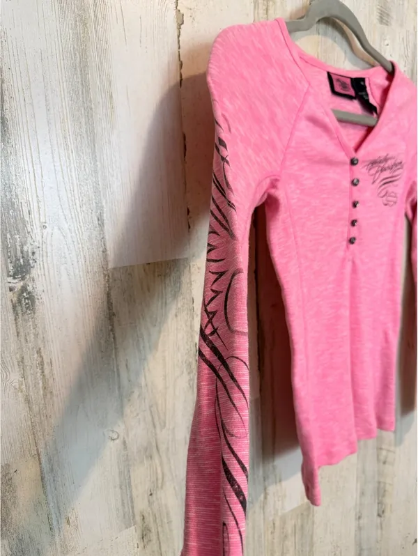 Harley-Davidson Women’s XS Pink Henley Long Sleeve Motorcycle Graphic Top - Image 3