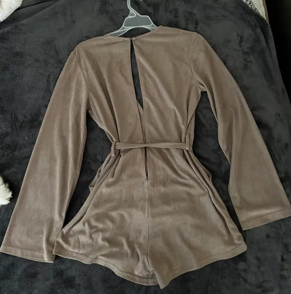 Love Riche Boutique Taupe Long Sleeve Suede Romper - Image 3