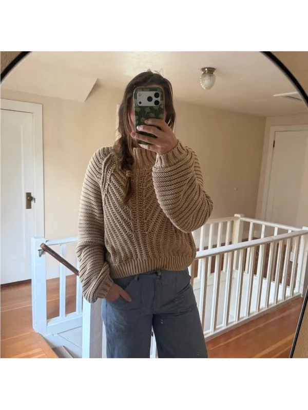 Free People Tan Knitted Chunky Cropped Sweater, Medium - Image 3