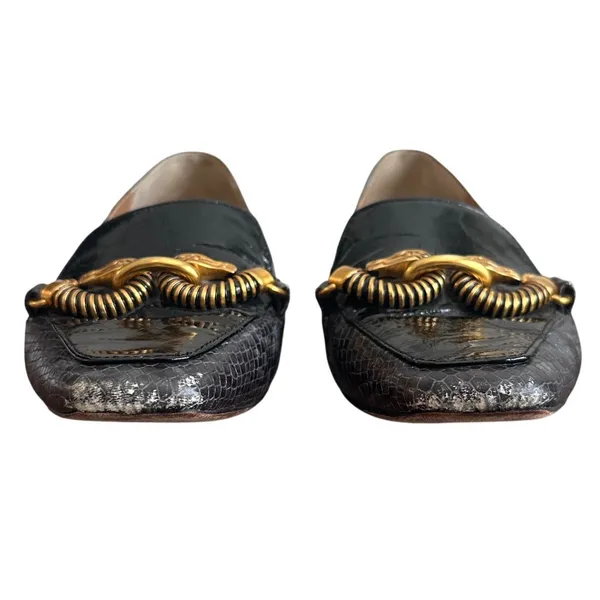 Tory Burch Jessa Horsehead Loafers Snake Patent Leather Black Gold 8.5 - Image 2