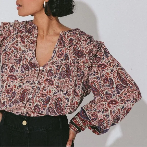 Cleobella Samara Bishop Sleeve Printed Cotton Blouse M - Image 3
