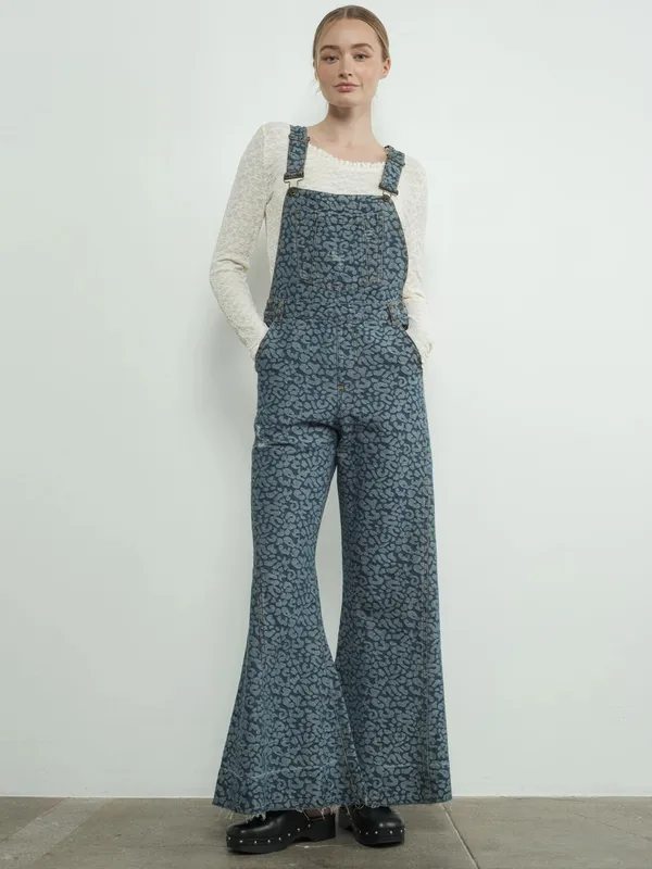 Aaron & Amber denim blue animal print wide bell leg boho overalls S - Image 13