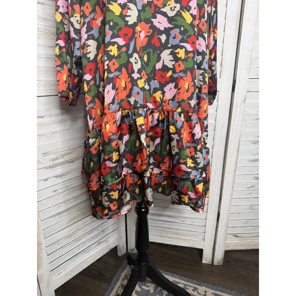 COMPANIA FANTASTICA Women's XL Satin Multicolor Floral Shift Dress Ruffle Hem - Image 7
