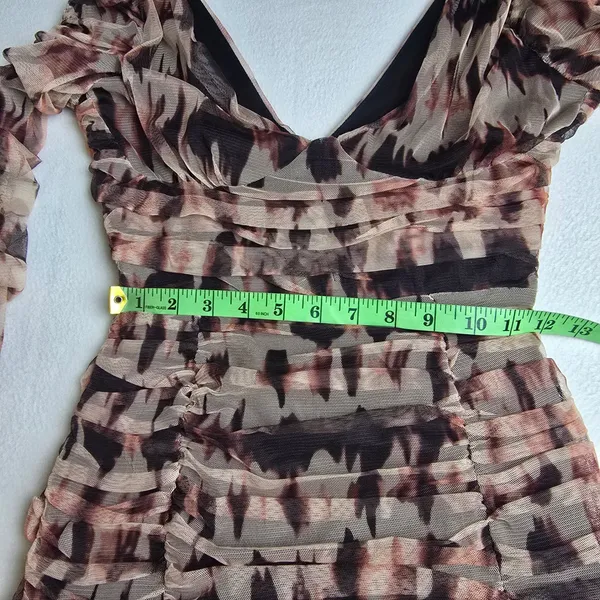 Zara NWT Brown Ruched Tulle Mesh Tie‎ Dye V-Neck Mini Dress Long Sleeve Small - Image 8