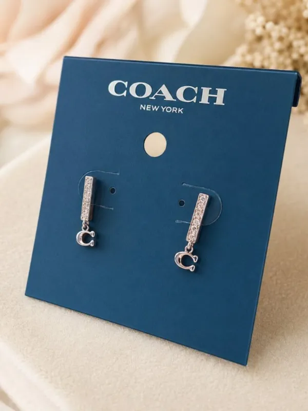 Coach Rose Gold Pavé Bar Stud Earrings C Logo Drop NWT - Image 2