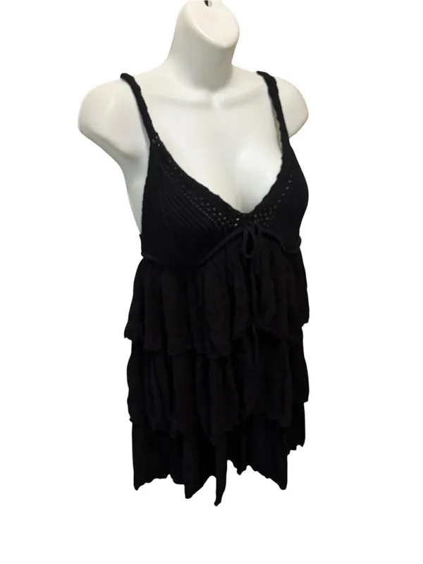 Zara Crochet Ruffle Tiered Black Dress Sz M little black Babydoll Summer Boho - Image 2