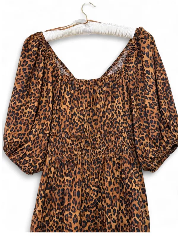 Old Navy Women’s V-Neck Leopard Smocked Puff Sleeve Mini Dress Size Large - Image 14