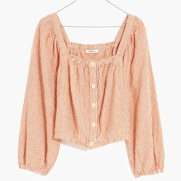 Madewell Puff-Sleeve Button-Front Crop Top in Embroidered Stripe XS - Image 3