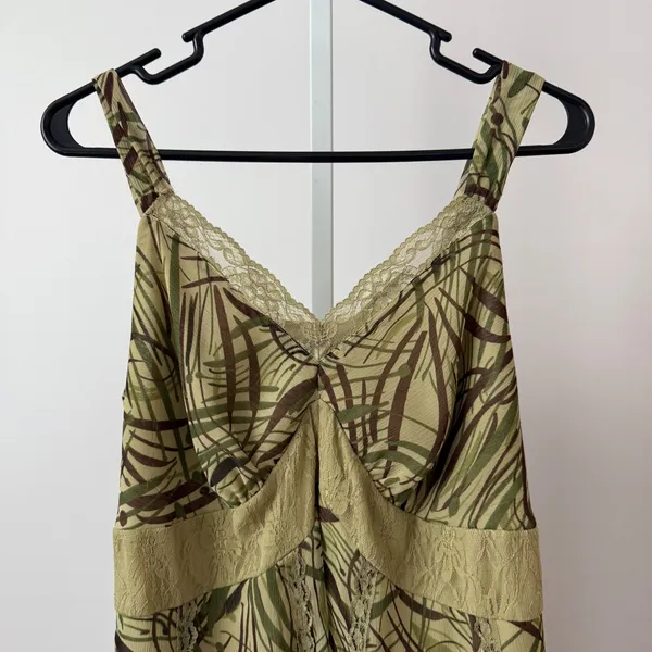 Separates by NY City Design Co. Y2k Fairy Green Brown Leaf‎ Print Lace Top sz L - Image 2