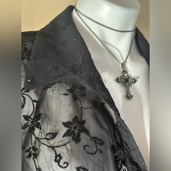 Dress Barn Collection Black Floral Lace Shimmer Print Asymmetrical Sleeves Sz XL - Image 4