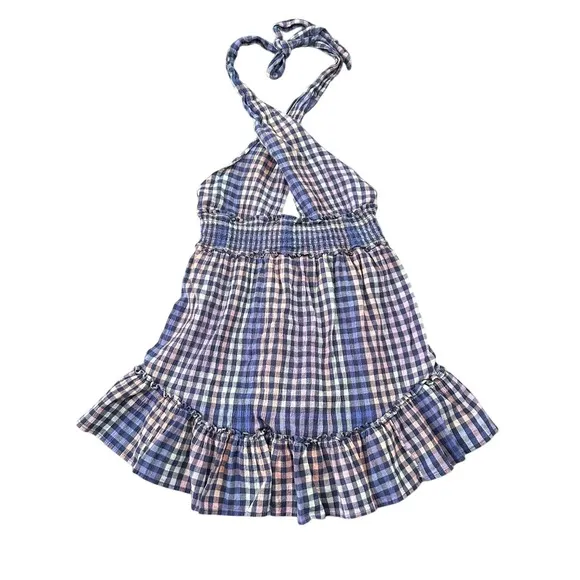 Aerie Halter Mini Dress Blue Pink Gingham‎ Plaid Smocked Waist Ruffle Hem Medium - Image 2