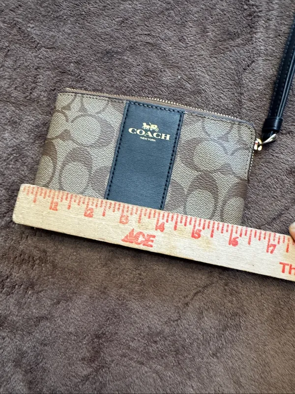 Coach Brown Signature Canvas Wristlet with Black Center Stripe - Image 10