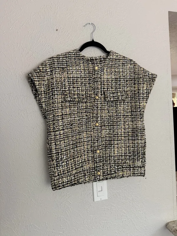 Zara collection black gold sequin tweed button down short sleeve blouse XS S - Image 4