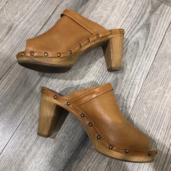 Sanita Leather Studded Wooden Heel Peep Open Toe Brown Heeled Clog Mules 39/8.5 - Image 9