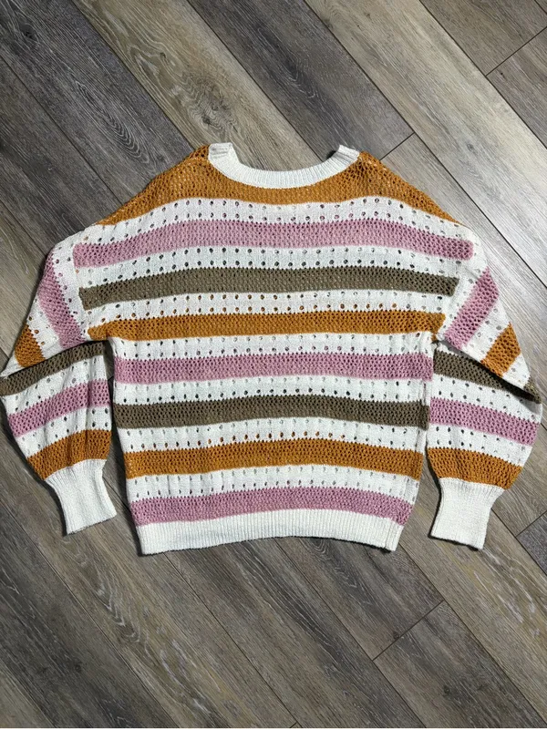 Striped Open-Knit Crewneck Boho Sweater Women’s Small - Image 6