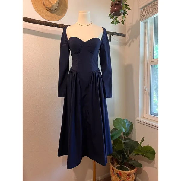 Marthea Navy Blue Corset Long Sleeve Midi Summer Dress Size XS - Image 15