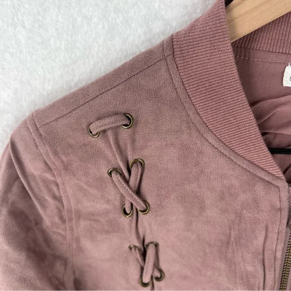On The Road Mauve Pink Faux Suede Lace Up Zip Front‎ Bomber Jacket - Image 3