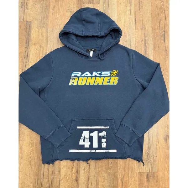RAKS Runner Cropped Hoodie Women's Medium‎ Blue Raw Hem Graphic Sweatshirt - Image 2
