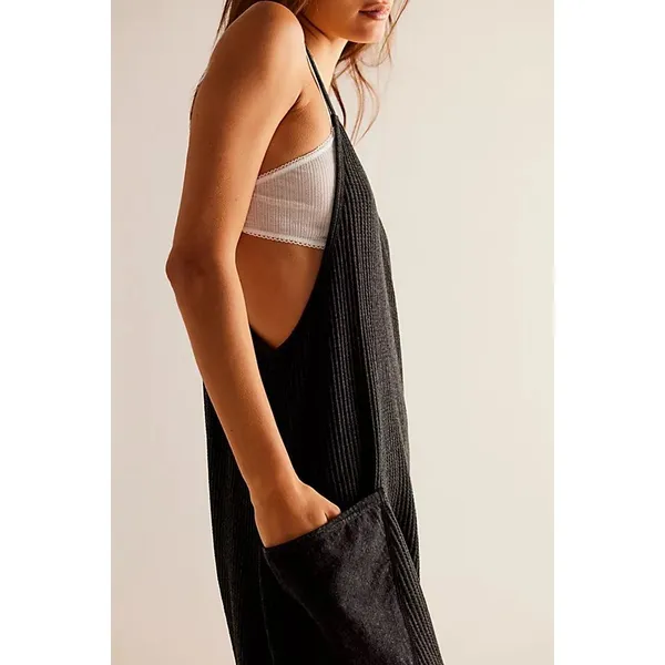 Free People FP One Thermal Waffle Knit Jumpsuit Grey Slouchy Harem Pockets Small - Image 3